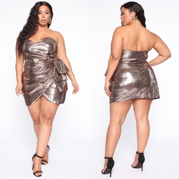 NWT Metallic Gold Sweetheart Neck Strapless Ruched Draped Bow Mini Dress 1x - Picture 2 of 8